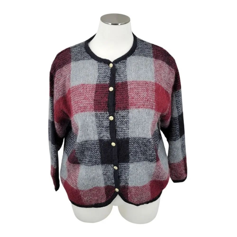 Dressbarn Mohair Blend Plaid Knit Cardigan in Red and Gray Vintage
